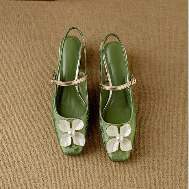 Natalie | Mary Jane Pumps with Floral Embellishment and Block Heel