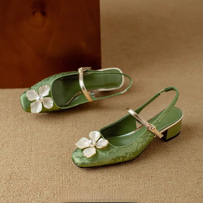 Natalie | Mary Jane Pumps with Floral Embellishment and Block Heel