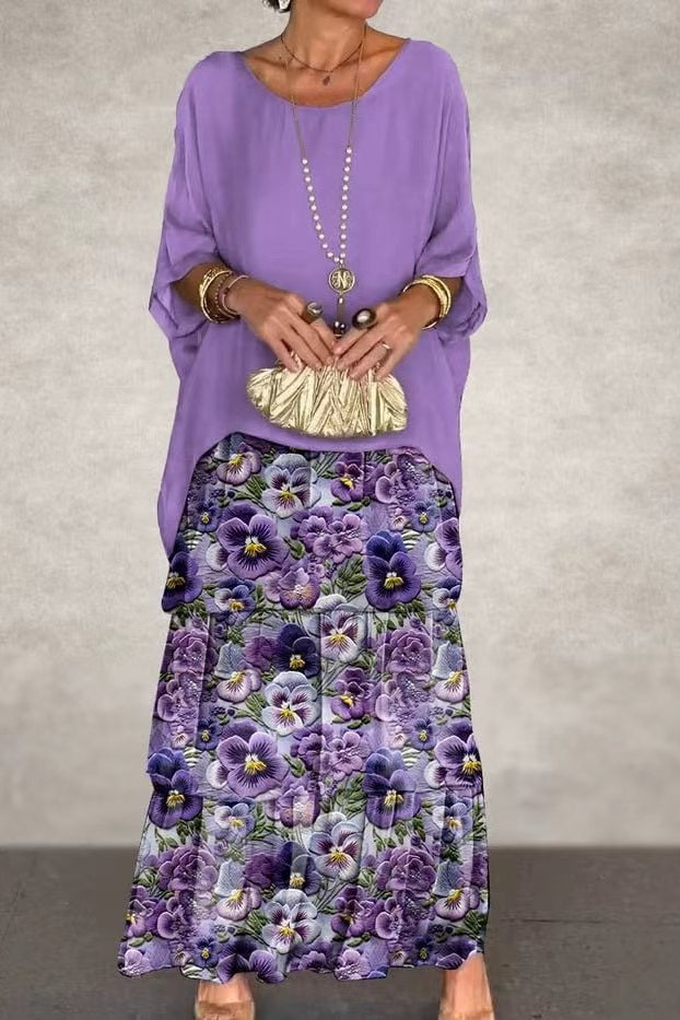 Nora | Floral Layered Chiffon Maxi Dress with Batwing Sleeves and Round Neck