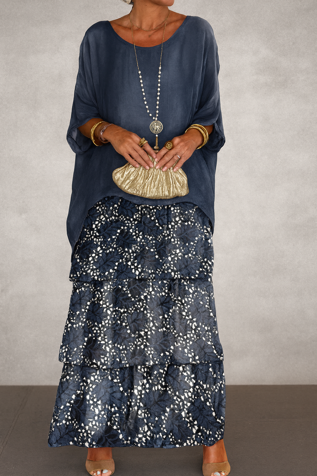Nora | Solid Layered Chiffon Maxi Dress with Batwing Sleeves and Round Neck