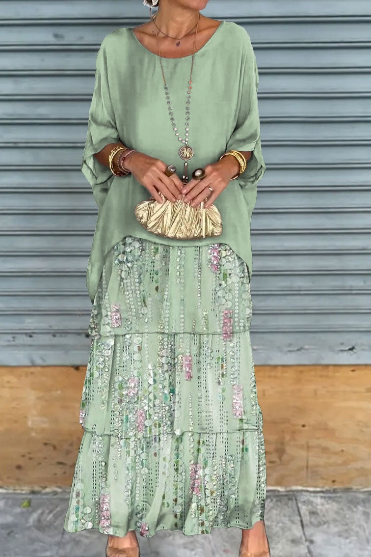 Nora | Solid Layered Chiffon Maxi Dress with Batwing Sleeves and Round Neck