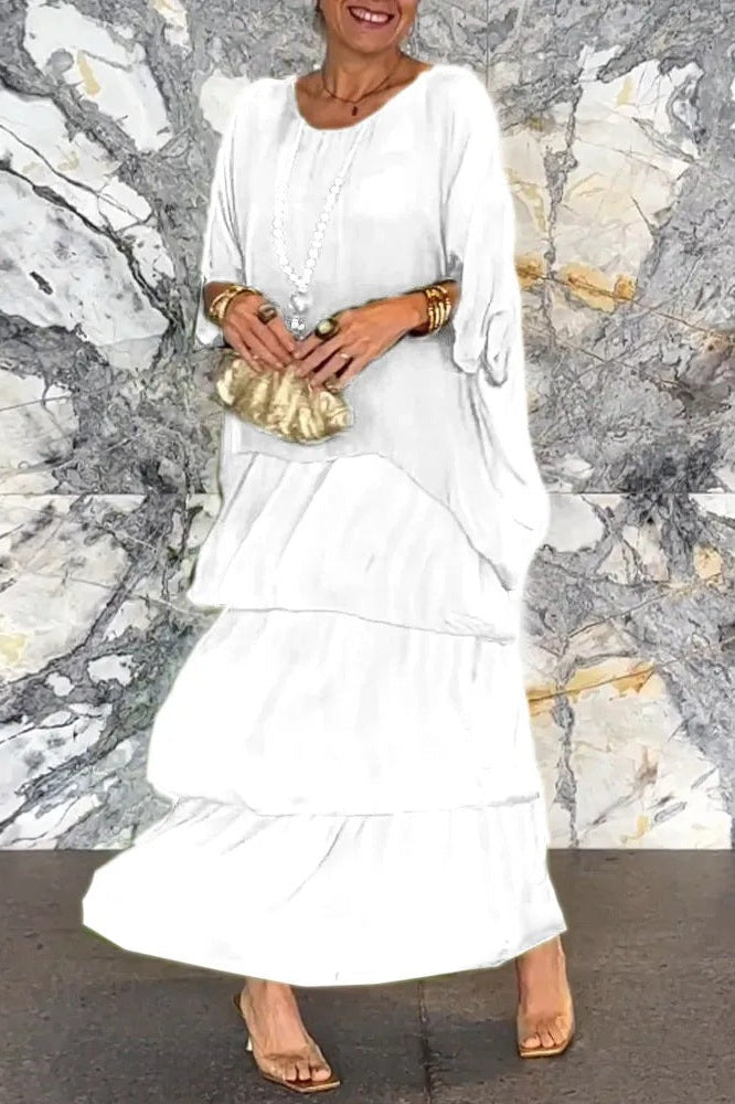 Nora | Solid Layered Chiffon Maxi Dress with Batwing Sleeves and Round Neck