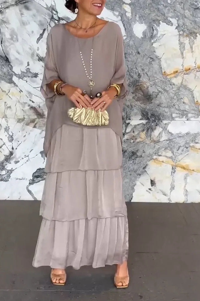 Nora | Solid Layered Chiffon Maxi Dress with Batwing Sleeves and Round Neck