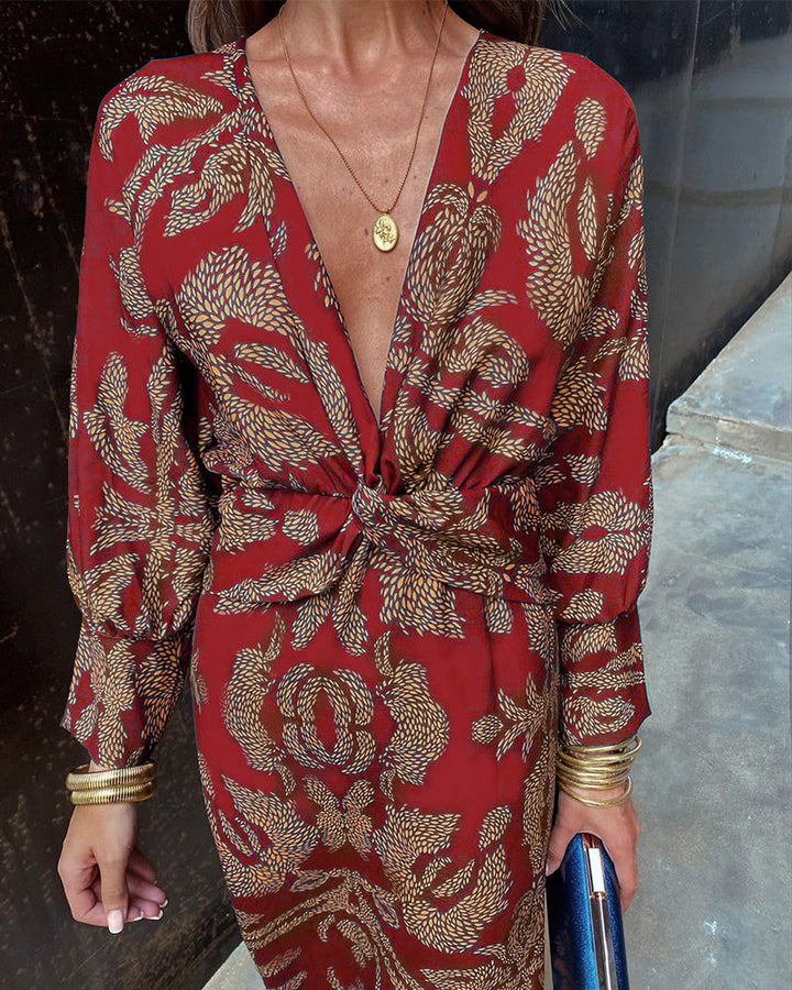 Pauline | Botanical Print Wrap Maxi Dress with Deep V Neck and Long Sleeves