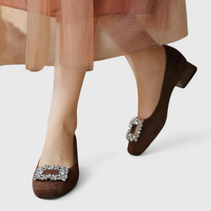 Peggy | Block Heels with Crystal Buckle and Square Toe