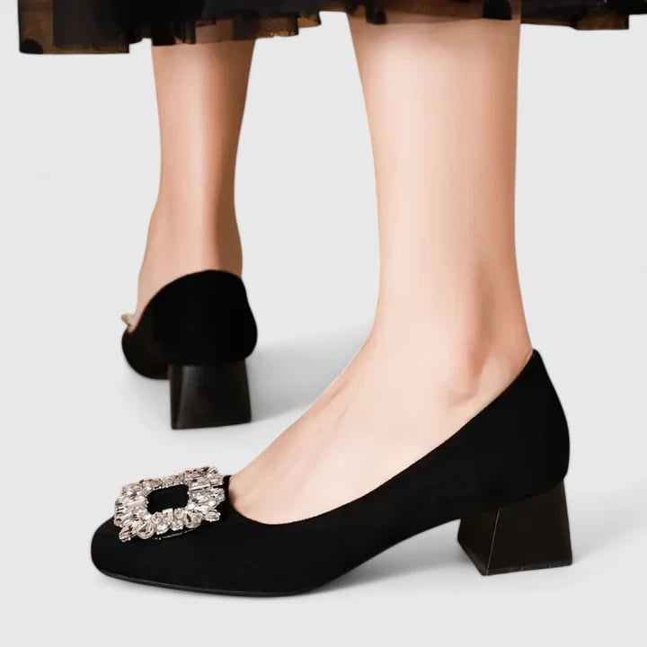 Peggy | Block Heels with Crystal Buckle and Square Toe