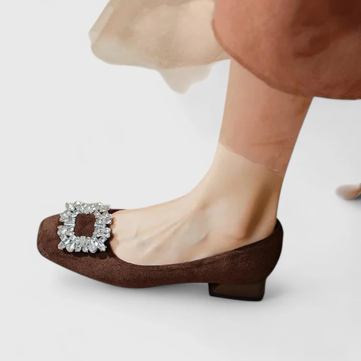 Peggy | Block Heels with Crystal Buckle and Square Toe