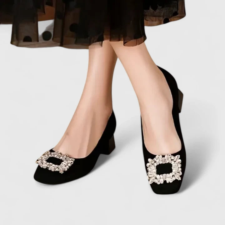 Peggy | Block Heels with Crystal Buckle and Square Toe