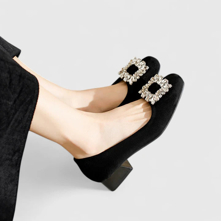 Peggy | Block Heels with Crystal Buckle and Square Toe
