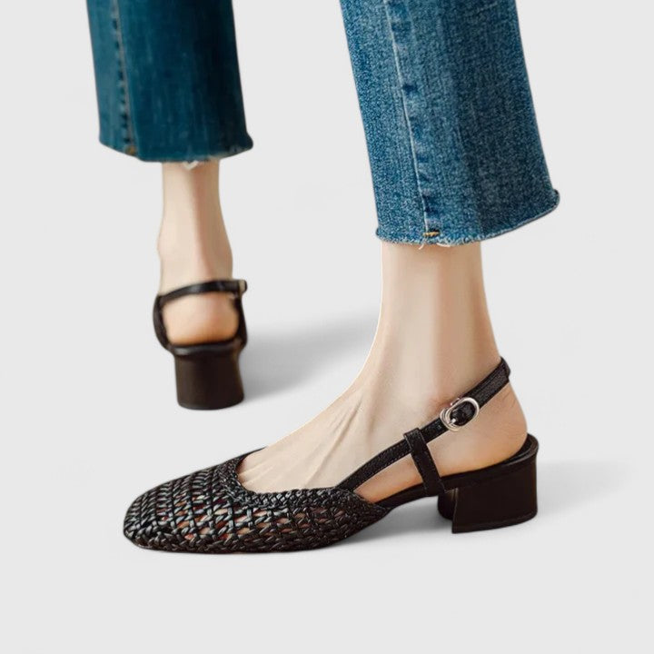 Priscilla | Slingback Block Heels with Square Toe and Woven Detail