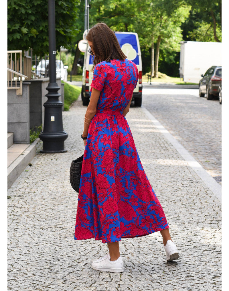 Ramona | Floral Midi Wrap Dress with V Neck and Short Sleeves