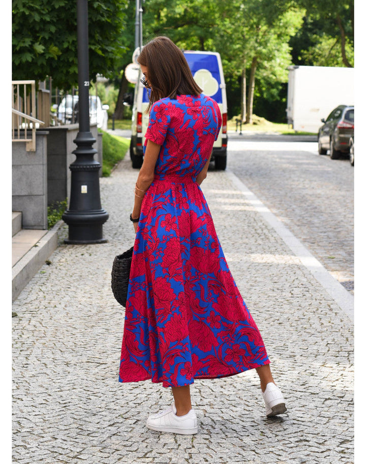 Ramona | Floral Midi Wrap Dress with V Neck and Short Sleeves