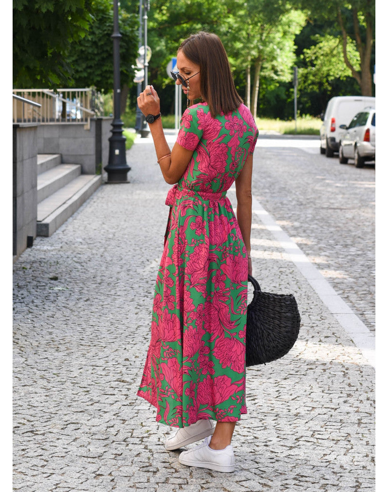 Ramona | Floral Midi Wrap Dress with V Neck and Short Sleeves