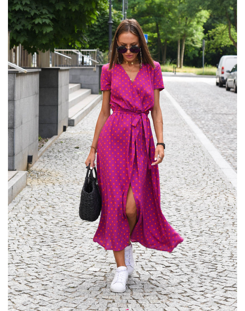 Ramona | Floral Midi Wrap Dress with V Neck and Short Sleeves
