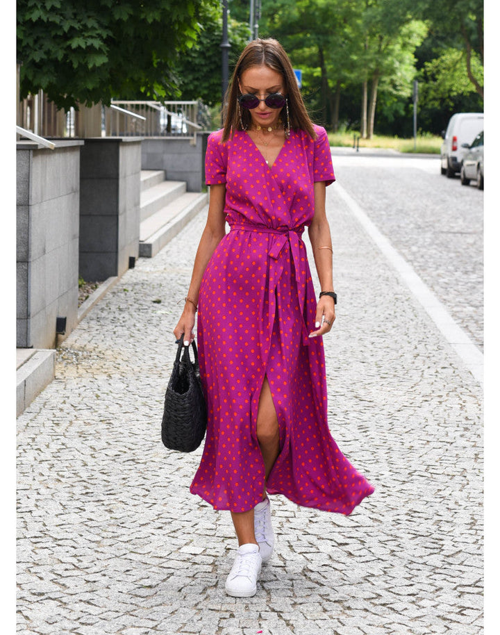 Ramona | Floral Midi Wrap Dress with V Neck and Short Sleeves
