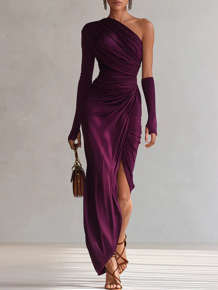 Rhonda | Solid Ruched One Shoulder Maxi Dress with Single Sleeve and Thigh Slit