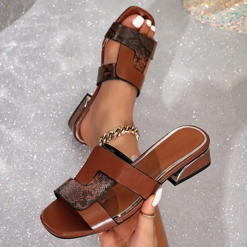 Rosalie | Block Heel Sandals with Snake Print Detail and Open Toe