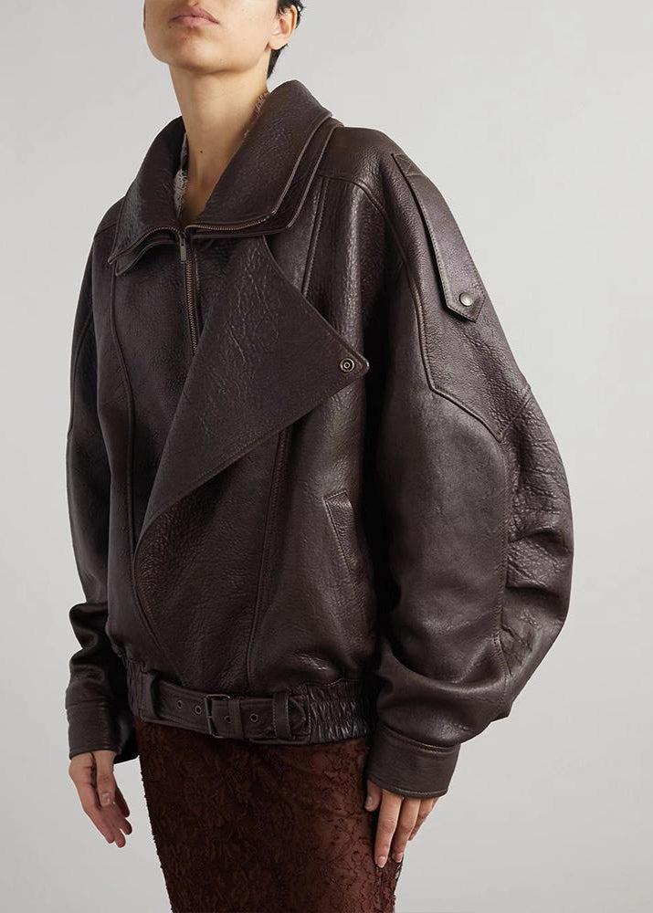 Ruth | Leather Bomber Jacket with Belted Waist and Zipper Closure