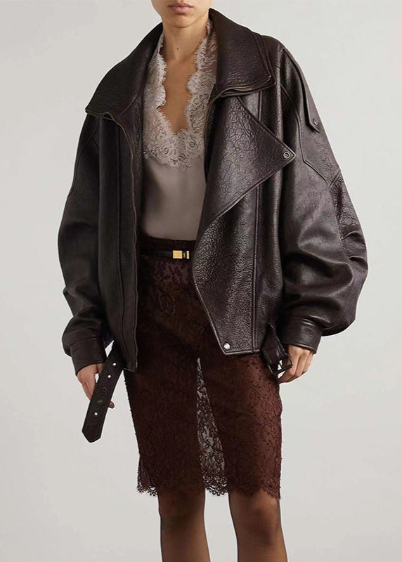 Ruth | Leather Bomber Jacket with Belted Waist and Zipper Closure