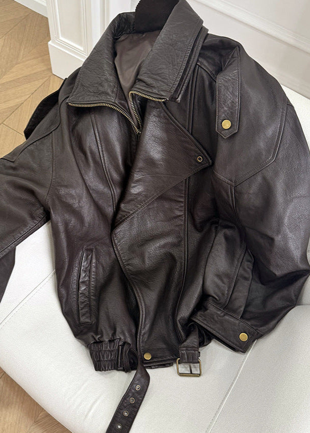 Ruth | Leather Bomber Jacket with Belted Waist and Zipper Closure