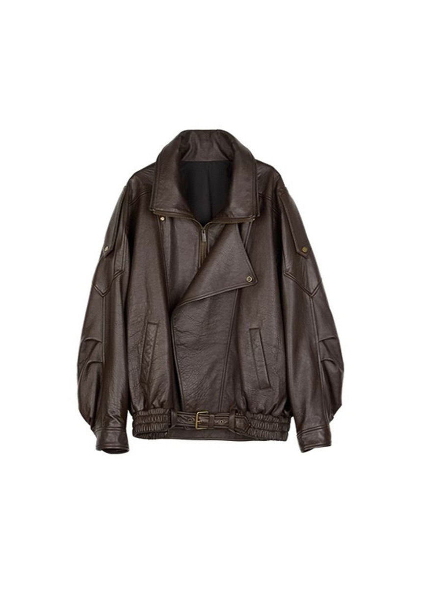 Ruth | Leather Bomber Jacket with Belted Waist and Zipper Closure