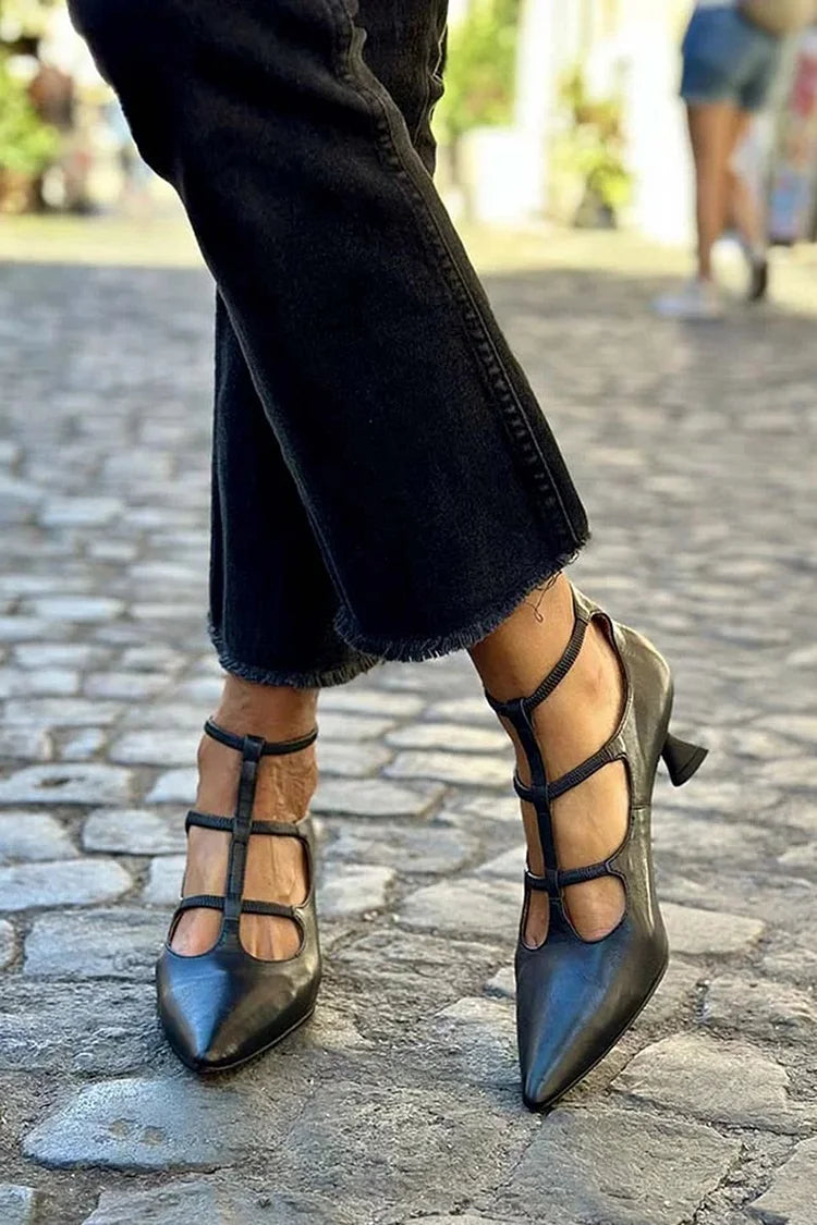 Ruth | T-Strap Heels with Pointed Toe and Ankle Strap