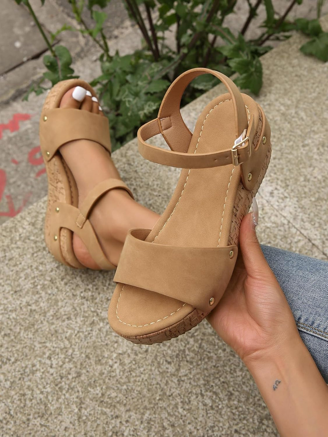 Sarah | Platform Wedge Sandals with Buckle Ankle Strap and Cork Platform