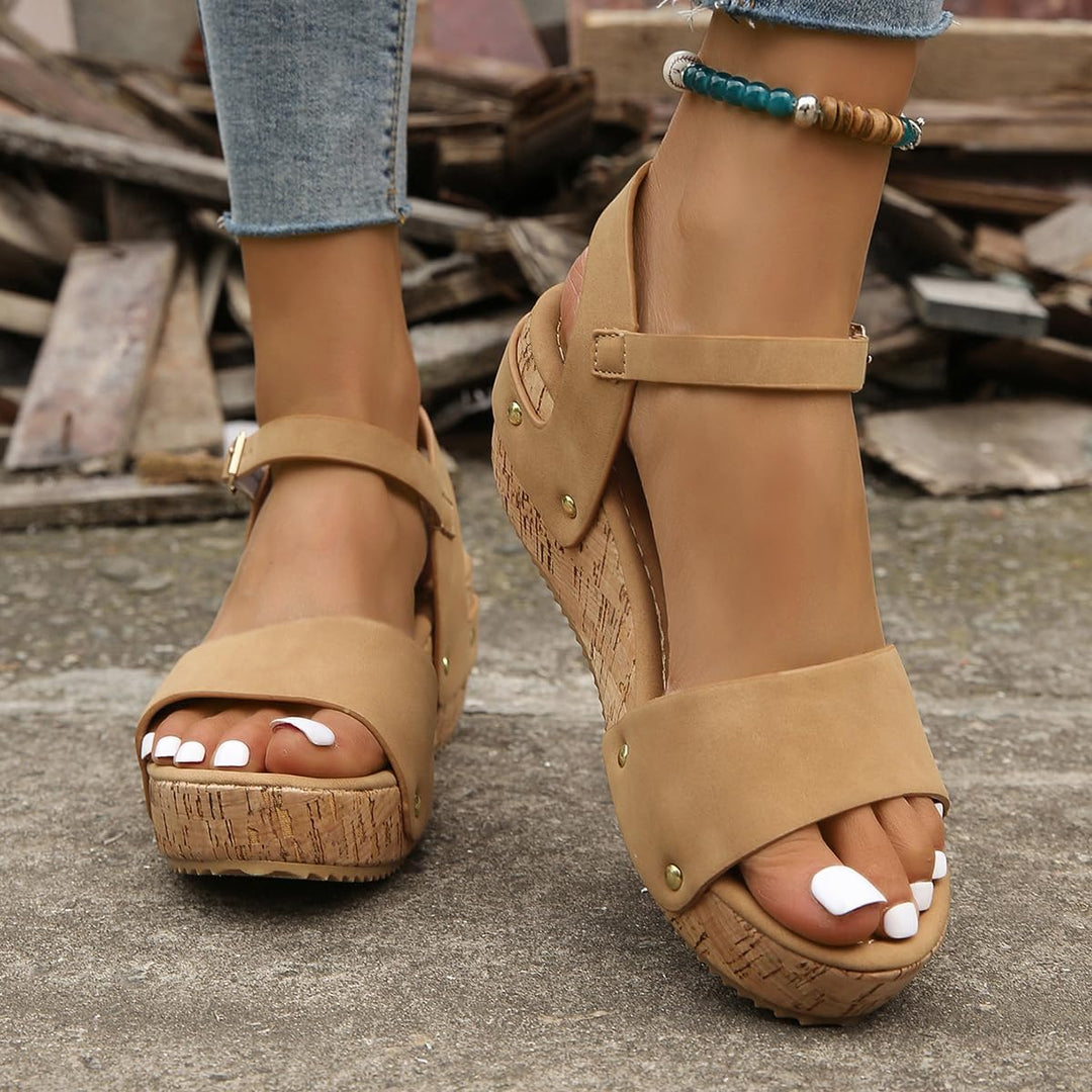Sarah | Platform Wedge Sandals with Buckle Ankle Strap and Cork Platform