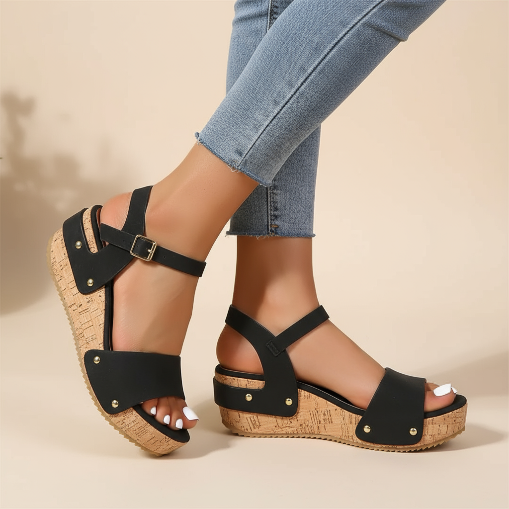 Sarah | Platform Wedge Sandals with Buckle Ankle Strap and Cork Platform