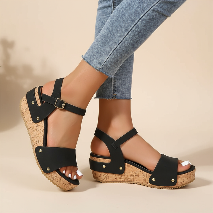 Sarah | Platform Wedge Sandals with Buckle Ankle Strap and Cork Platform