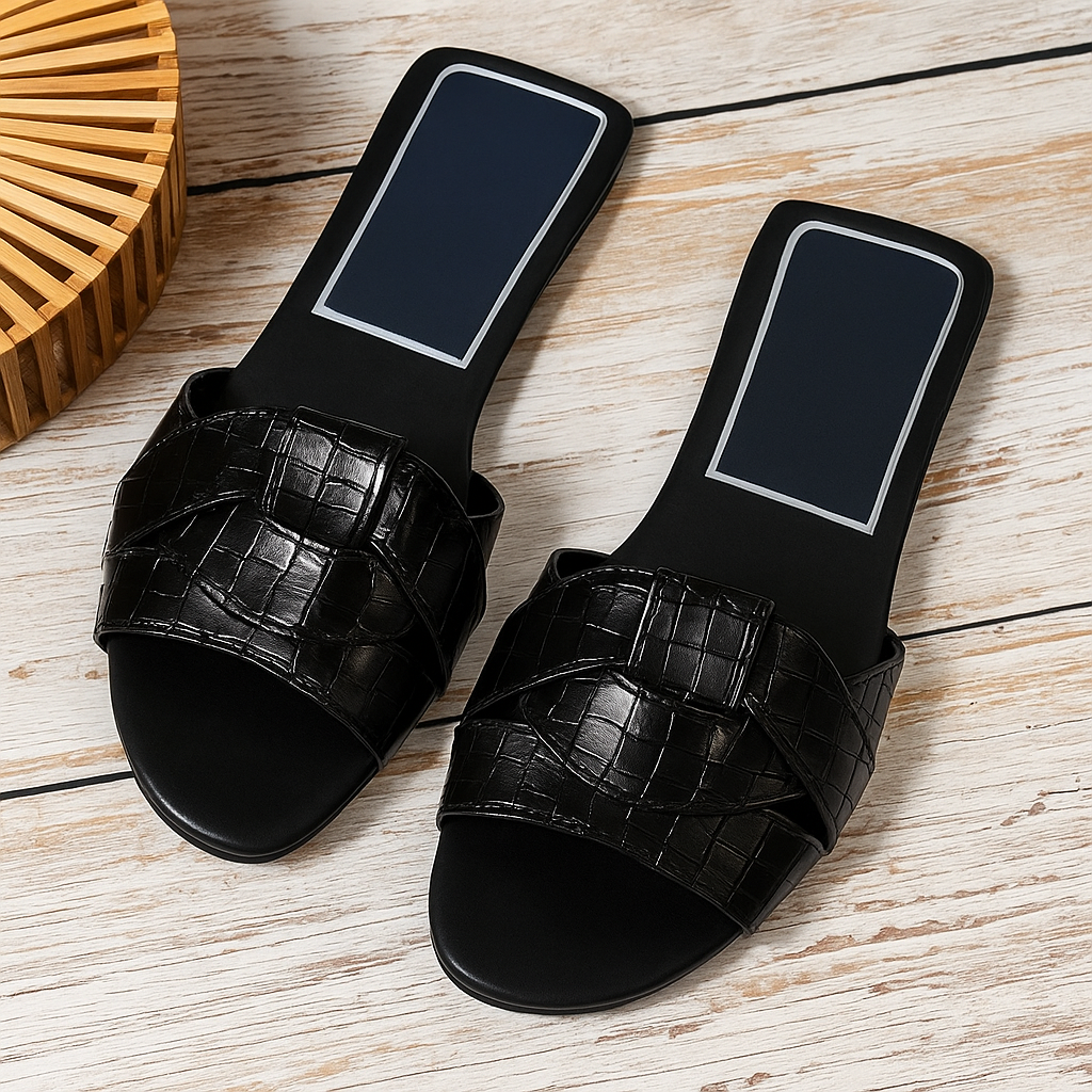 Sharon | Flat Slides with Woven Detail and Square Toe