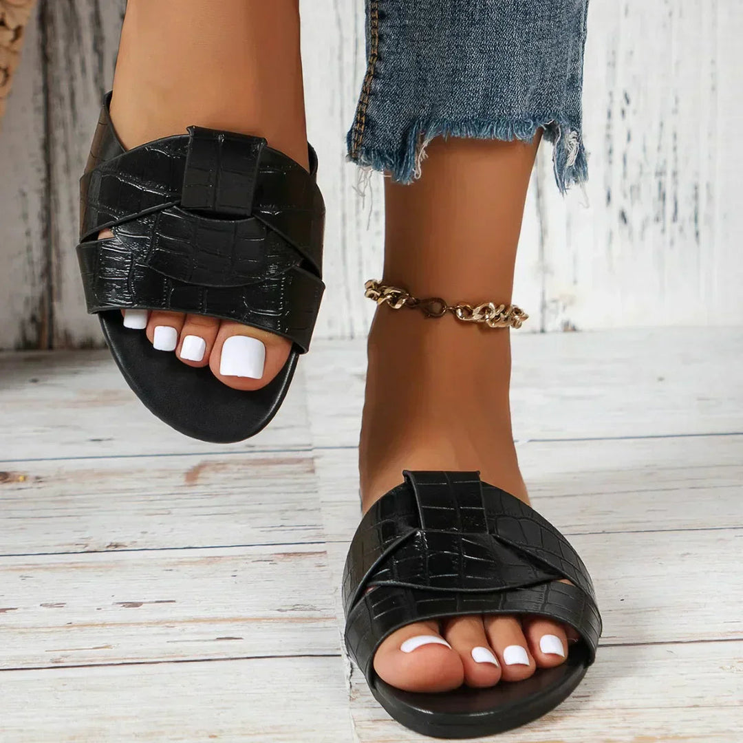Sharon | Flat Slides with Woven Detail and Square Toe