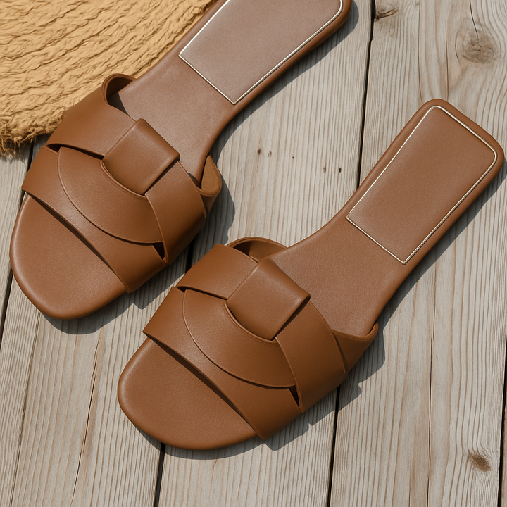 Sharon | Flat Slides with Woven Detail and Square Toe