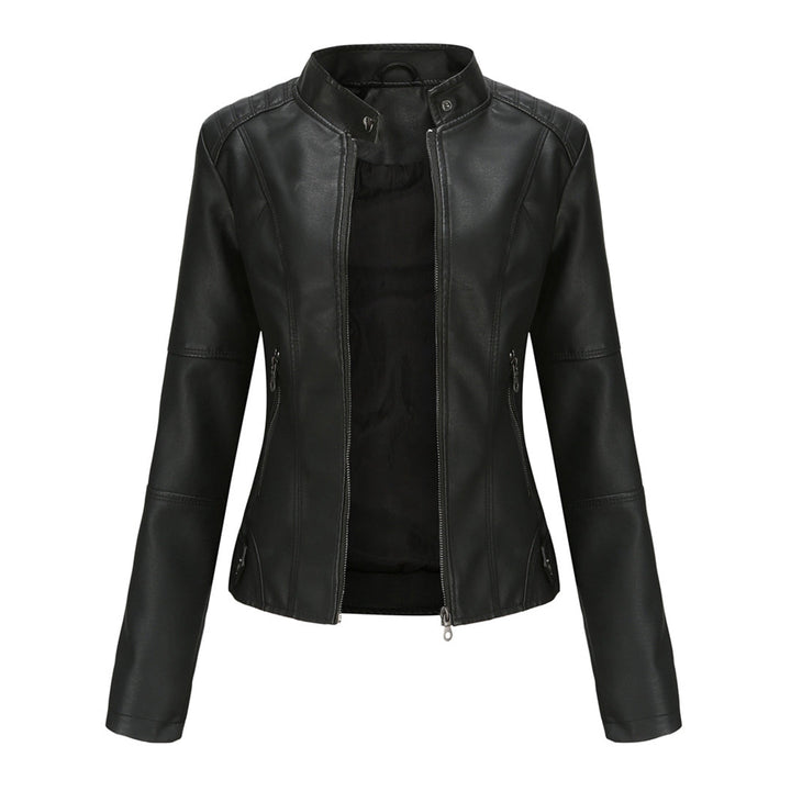 Sharon | Leather Biker Jacket with Zipper Pockets and Stand Collar