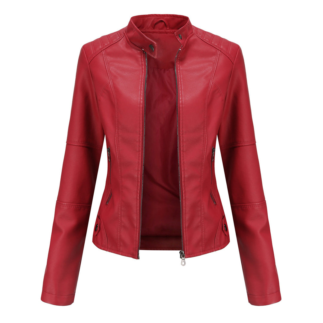 Sharon | Leather Biker Jacket with Zipper Pockets and Stand Collar