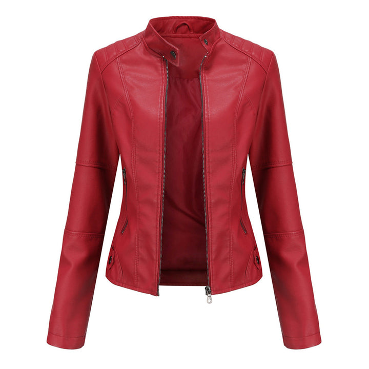 Sharon | Leather Biker Jacket with Zipper Pockets and Stand Collar