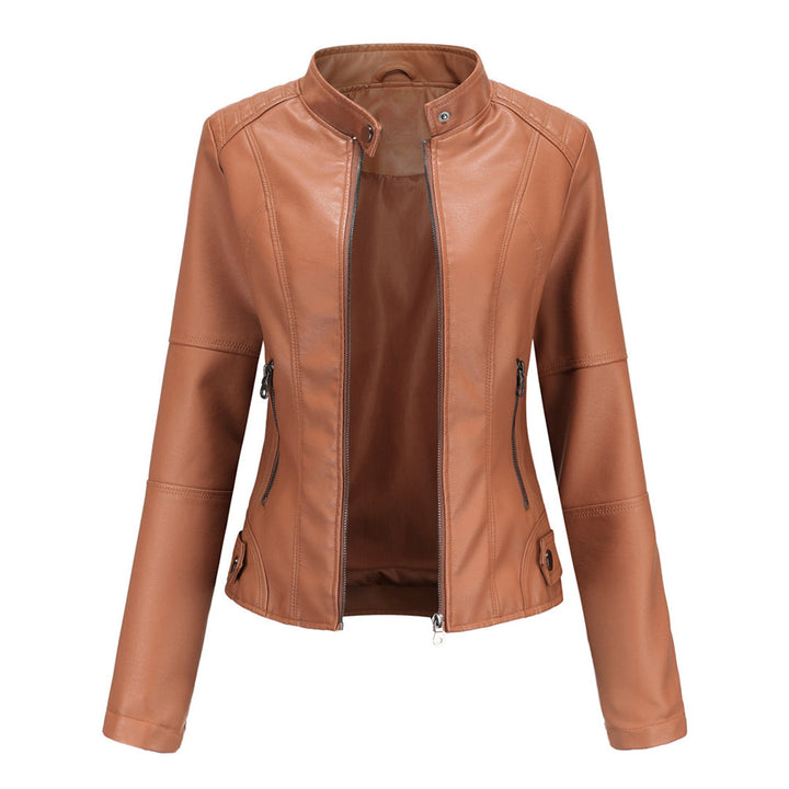 Sharon | Leather Biker Jacket with Zipper Pockets and Stand Collar