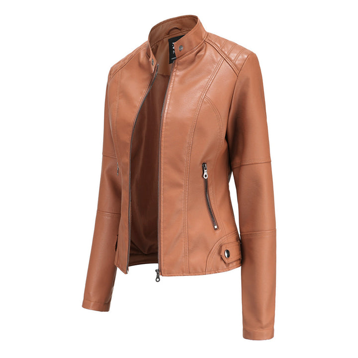 Sharon | Leather Biker Jacket with Zipper Pockets and Stand Collar