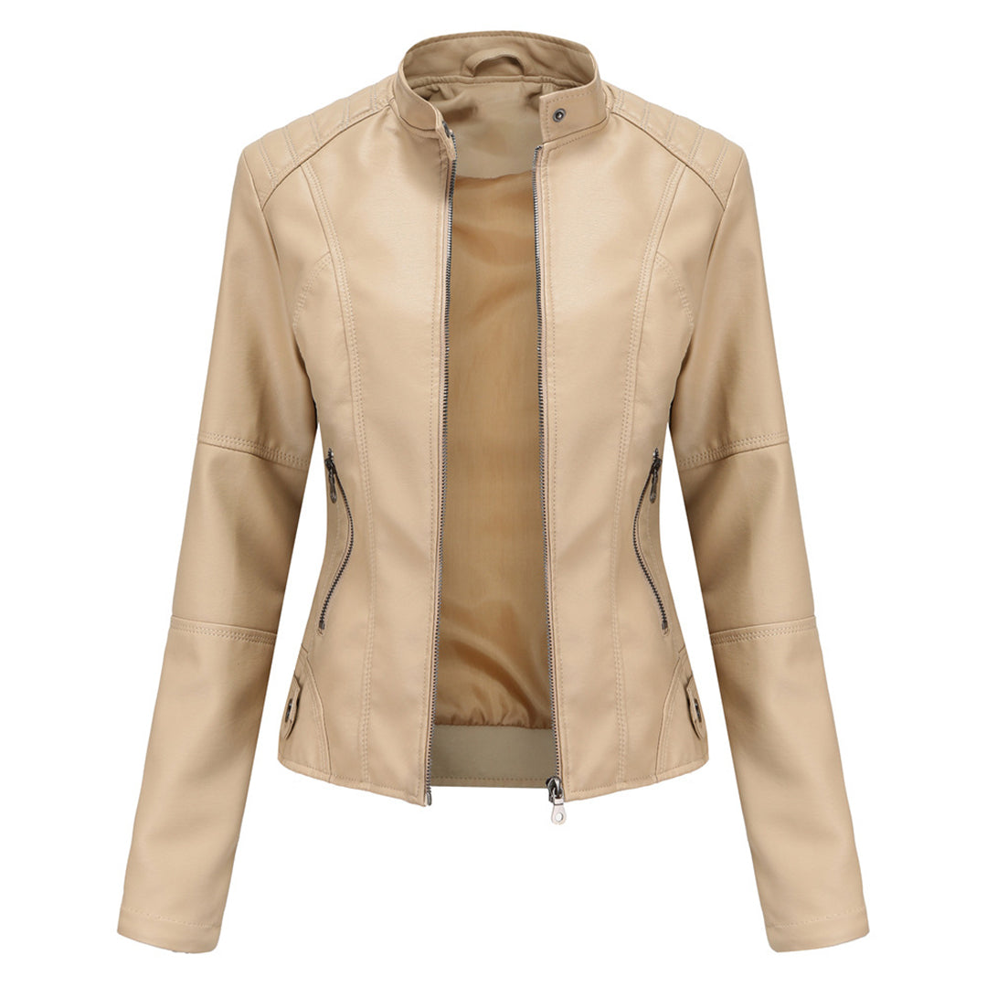 Sharon | Leather Biker Jacket with Zipper Pockets and Stand Collar