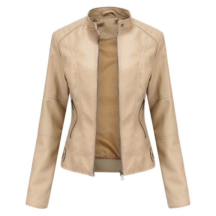 Sharon | Leather Biker Jacket with Zipper Pockets and Stand Collar