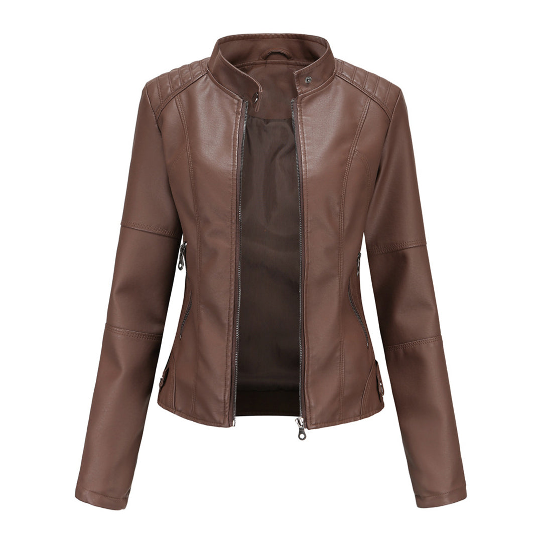 Sharon | Leather Biker Jacket with Zipper Pockets and Stand Collar