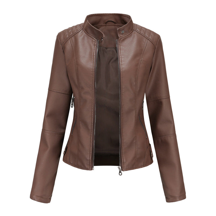 Sharon | Leather Biker Jacket with Zipper Pockets and Stand Collar