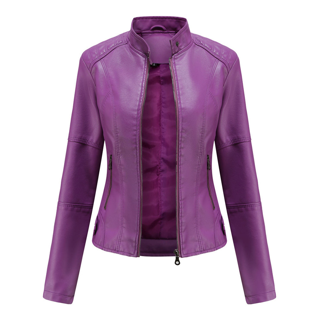 Sharon | Leather Biker Jacket with Zipper Pockets and Stand Collar