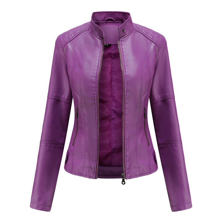 Sharon | Leather Biker Jacket with Zipper Pockets and Stand Collar