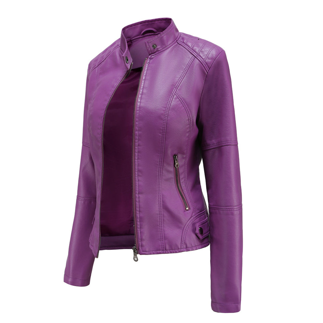Sharon | Leather Biker Jacket with Zipper Pockets and Stand Collar