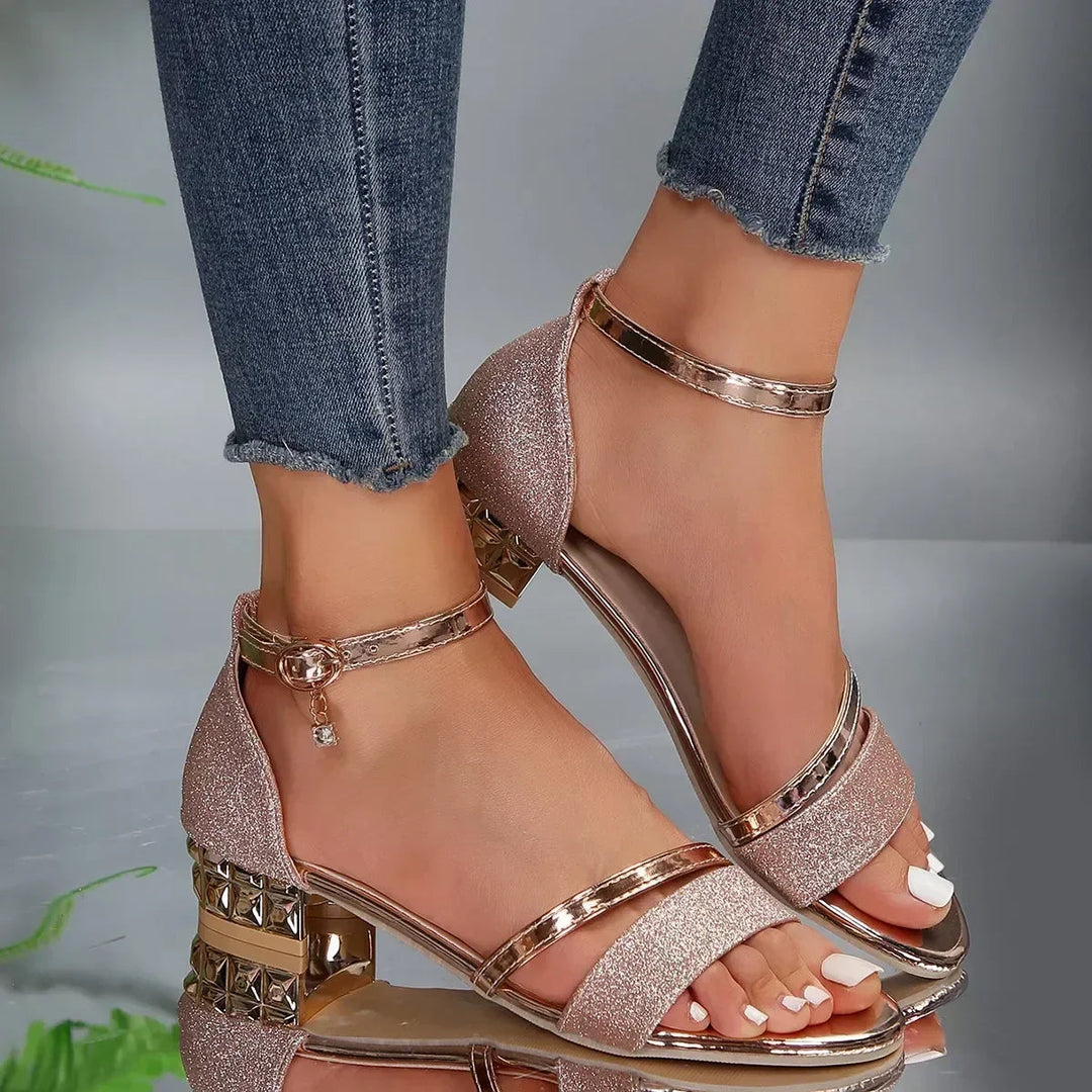 Shirley | Gold Strap Sandals with Ankle Strap and Block Heel