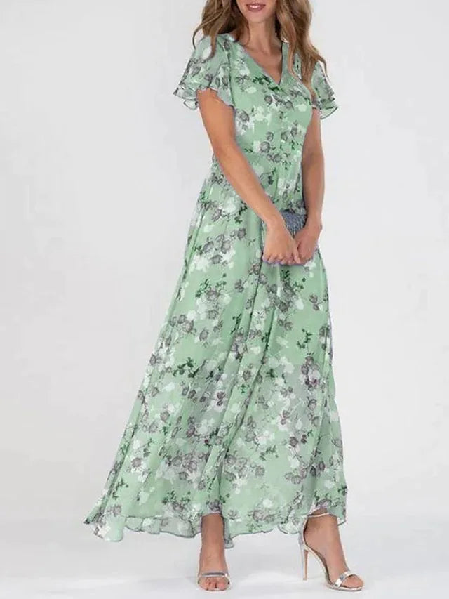 Stephanie | Floral Wrap Maxi Sundress with Ruffle V Neck and Flutter Sleeves