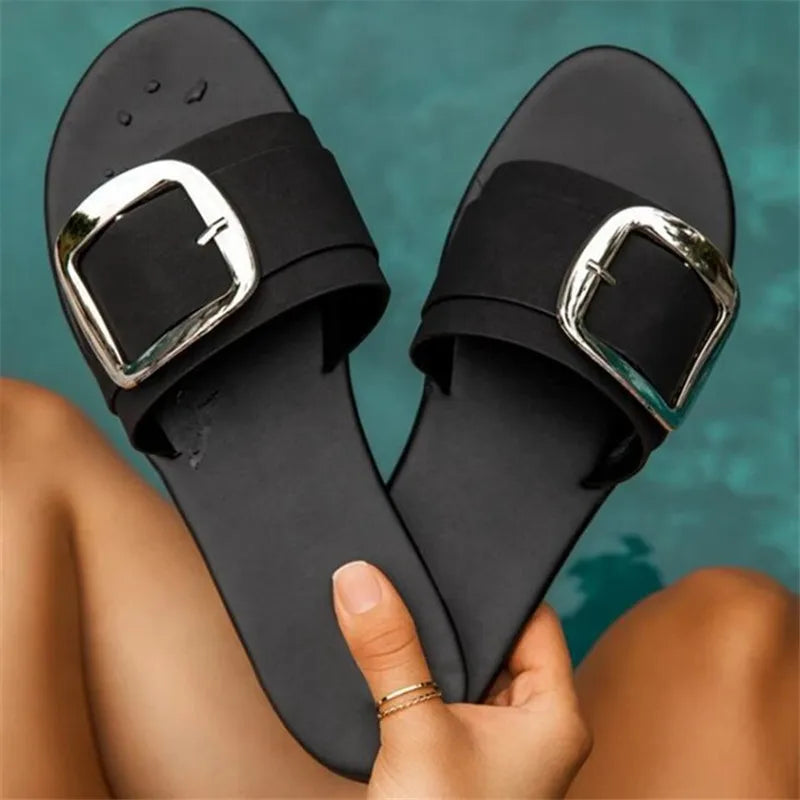 Stephanie | Slides Sandals with Buckle Accent