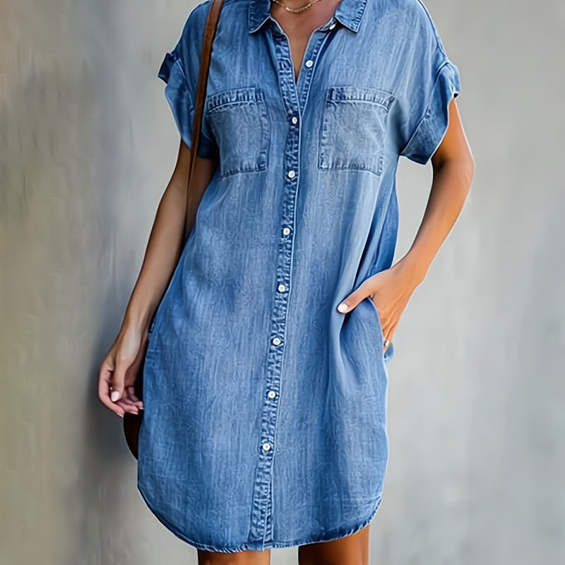 Sylvia | Mini Shirt Dress with Button Down Front and Chest Pockets