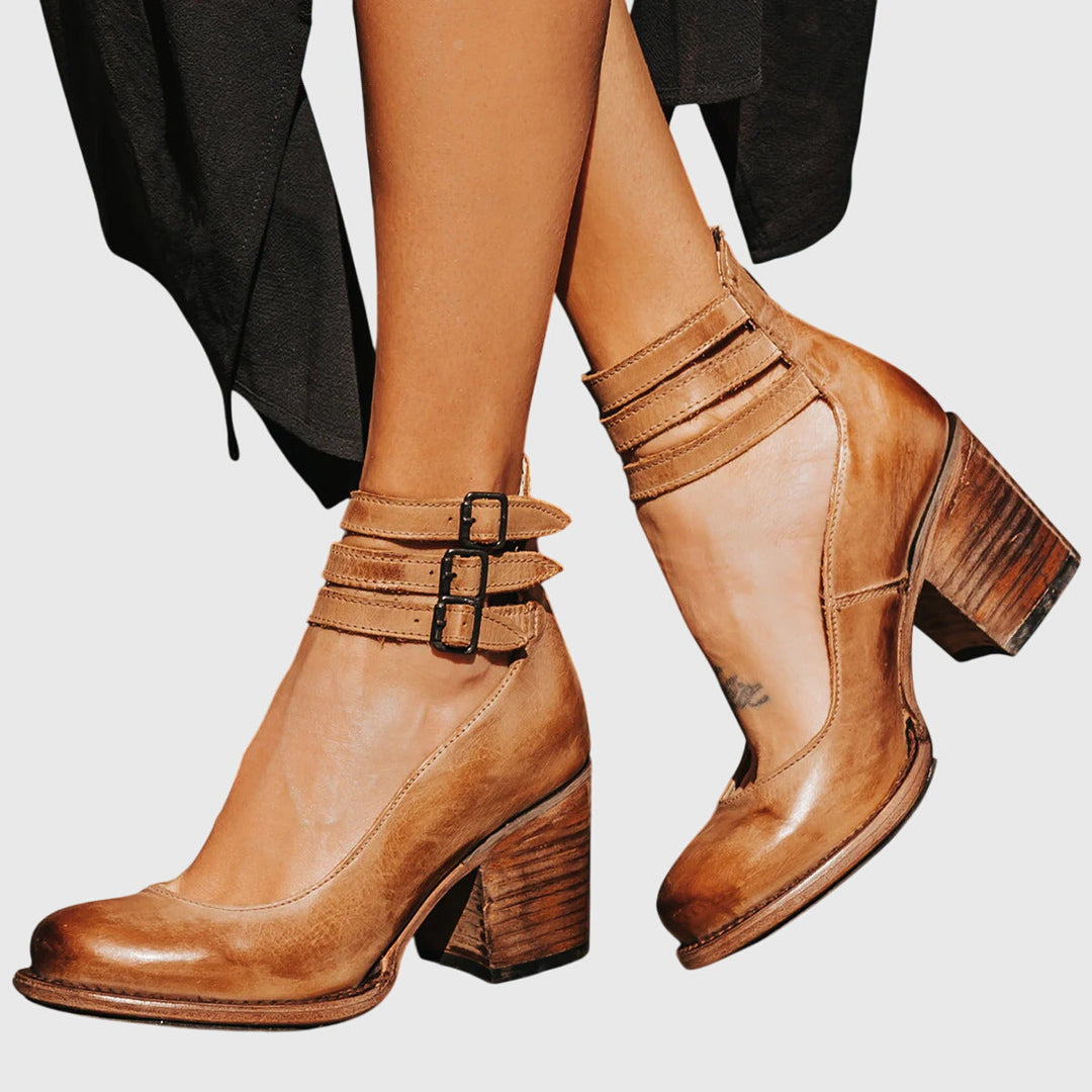 Tabitha | Block Heel Sandals with Ankle Straps and Side Cutouts